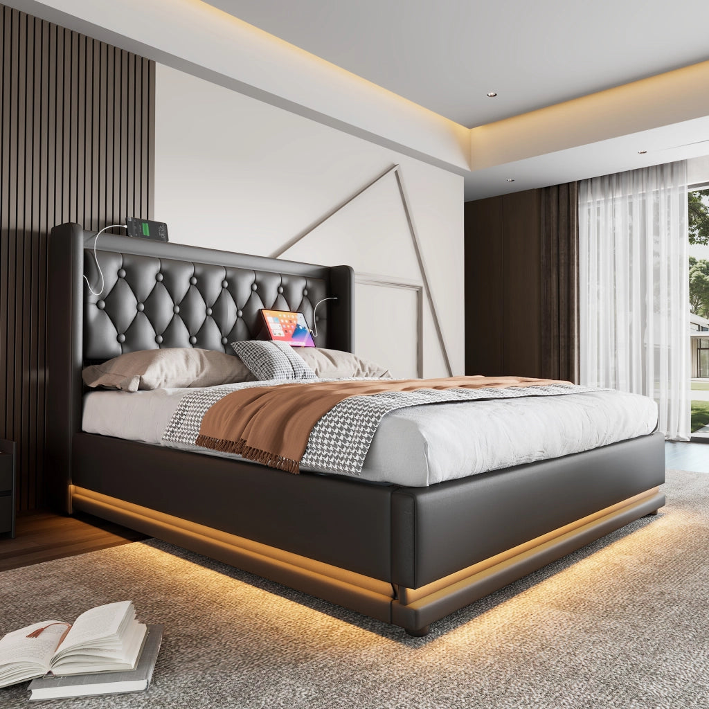 LETTO Contenitore 140x200 cm in PU Nero con USB e LED