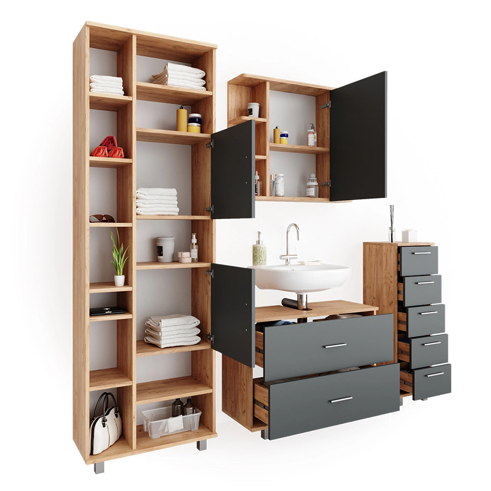 Vicco Set mobili bagno Antracite/quercia dorata 4 parti