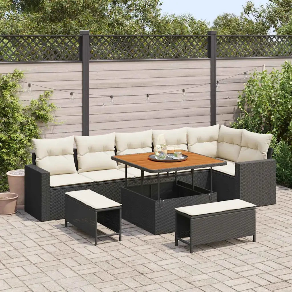 Set Divano da Giardino 11 pcs Nero e Crema polyrattan