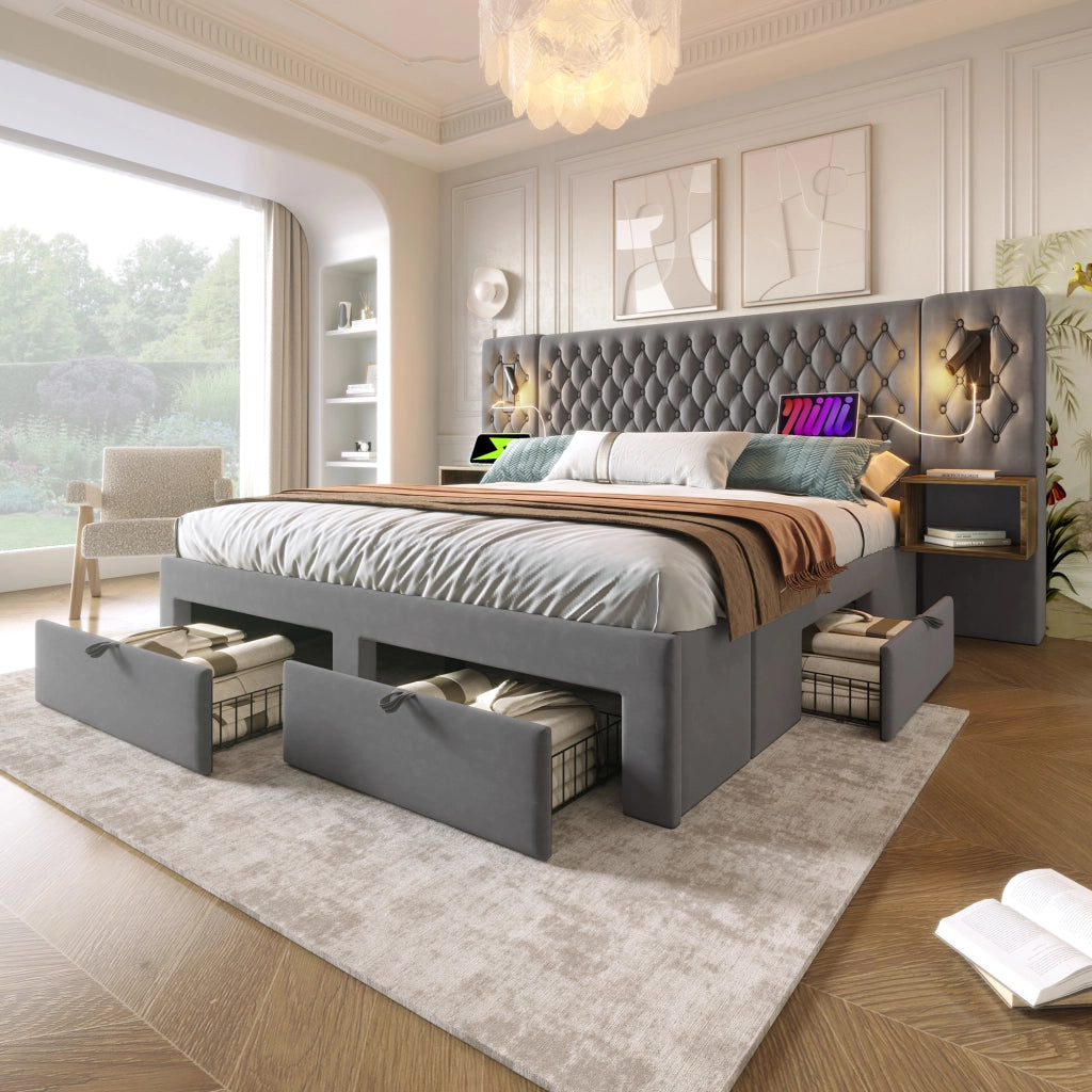 LETTO Contenitore 160x200 cm in velluto grigio con 2 comodini, 4 cassetti e ricarica USB/Type C