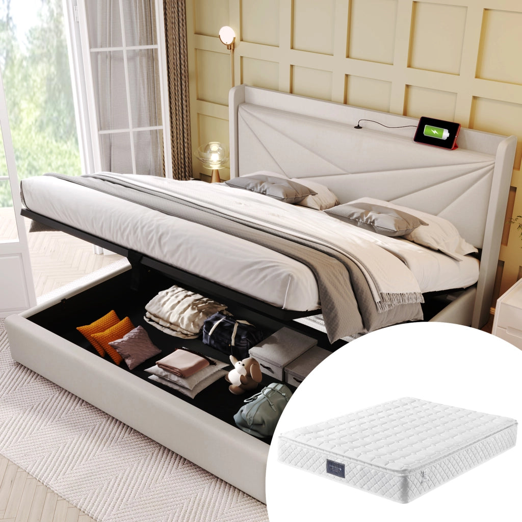 LETTO Contenitore 140x200 cm con USB e USB-C Testiera Geometrica Beige