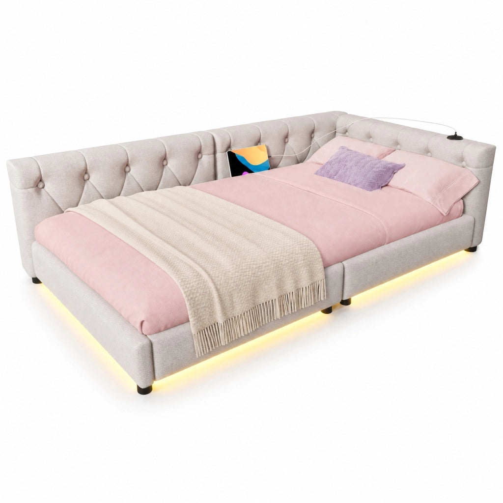 Letto daybed 90x200 cm in lino beige con LED, USB e Type-C