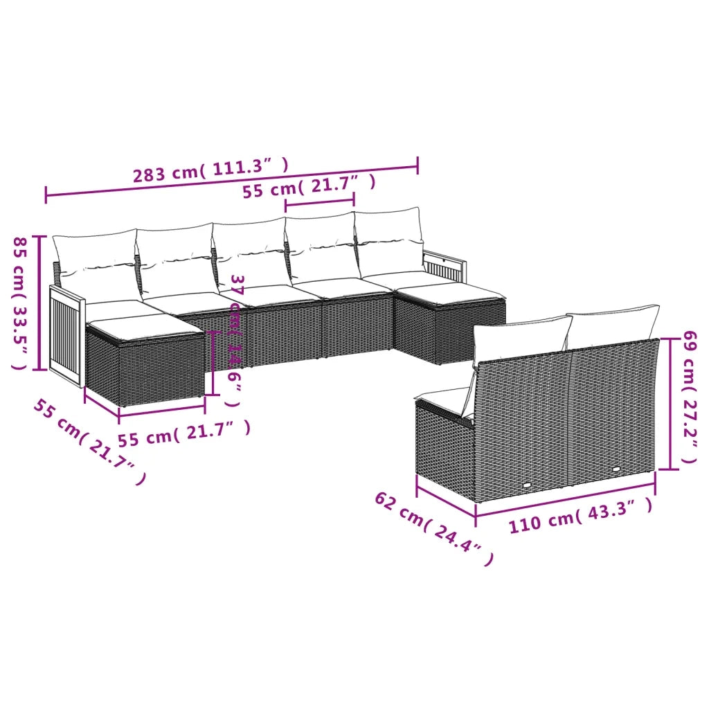 Set Divano da Giardino 9 pz con Cuscini Grigio in Polyrattan