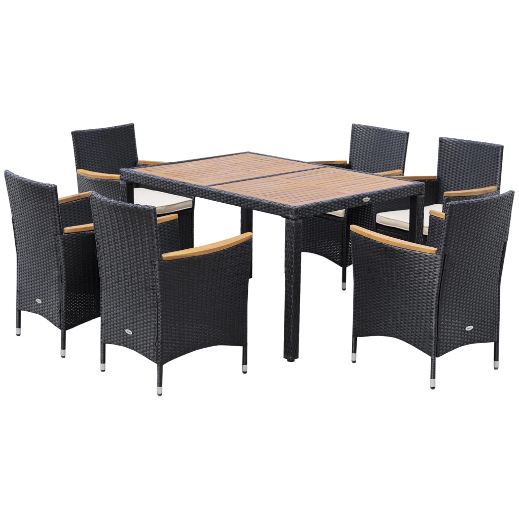 Set Tavolo e Sedie da Giardino 7 Pezzi in Polyrattan e Legno con Cuscini ¨C Minimal ¨C Nero