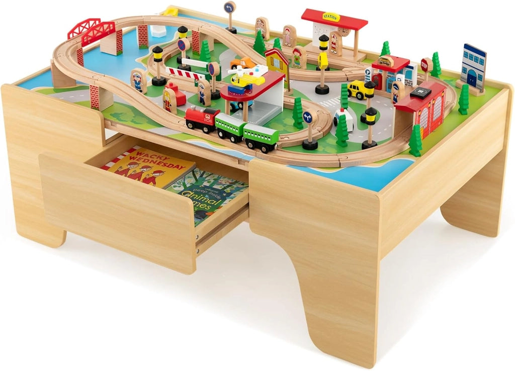 Tavolo e Set di Trenini in Legno, Tavolo Reversibile e Staccabile e Binari in Legno Massiccio, Set da Gioco Creativo 84/80 Pezzi, per Bambini 3 Anni+ (Stile 1)