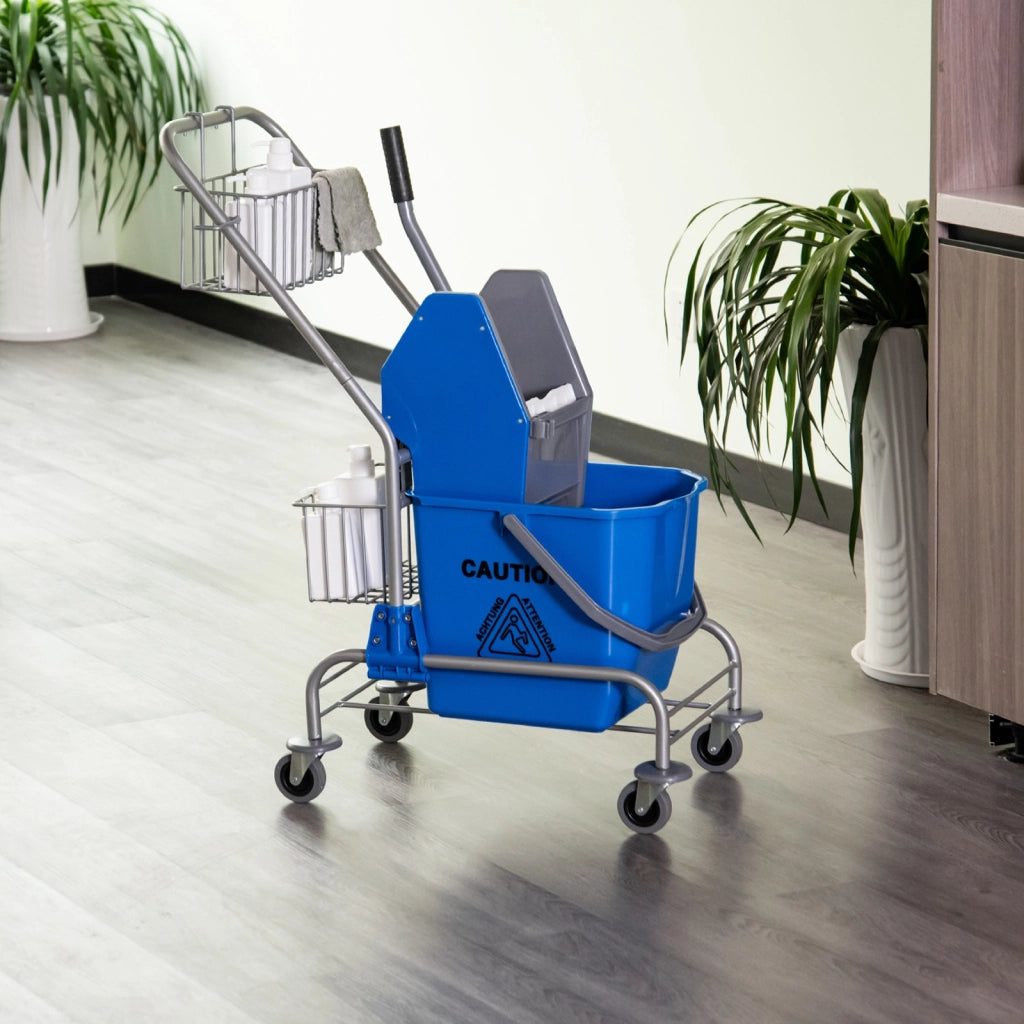 Secchio per Mop 26 L con Sgocciolatoio a Pressione, Ruote e Cestini ¨C Minimal ¨C 73x45x95 cm Blu