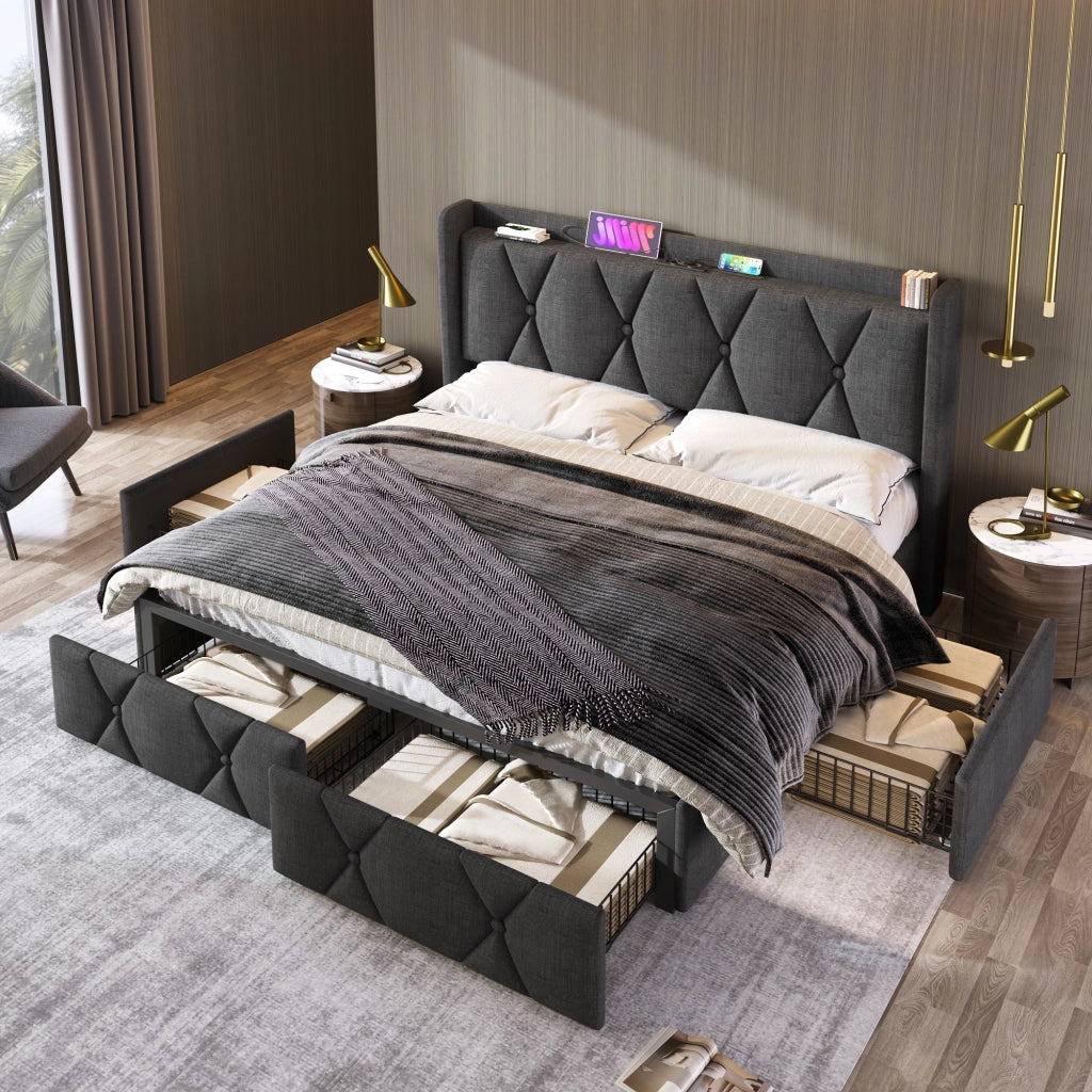 LETTO Contenitore 160x200 cm Grigio in lino con 4 cassetti