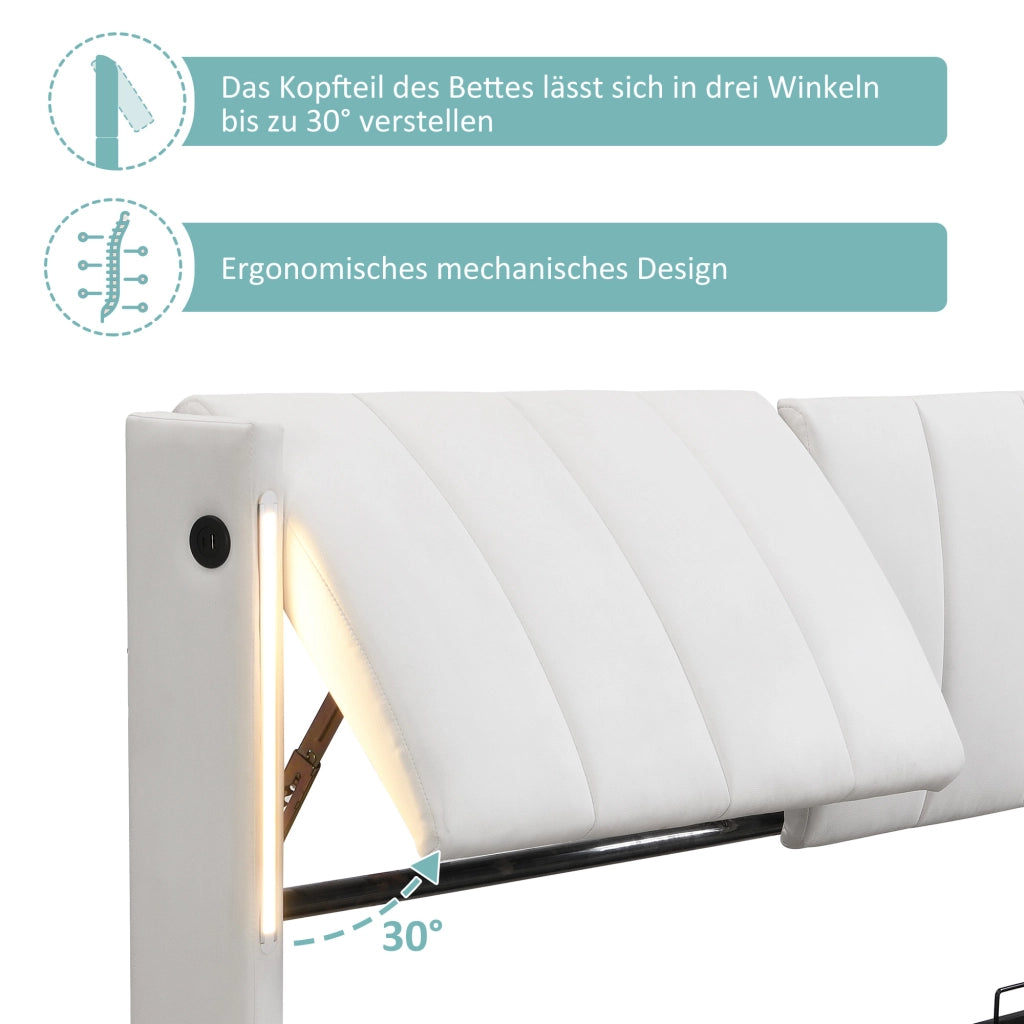 LETTO imbottito 160x200 cm in PU bianco con LED, USB e contenitore