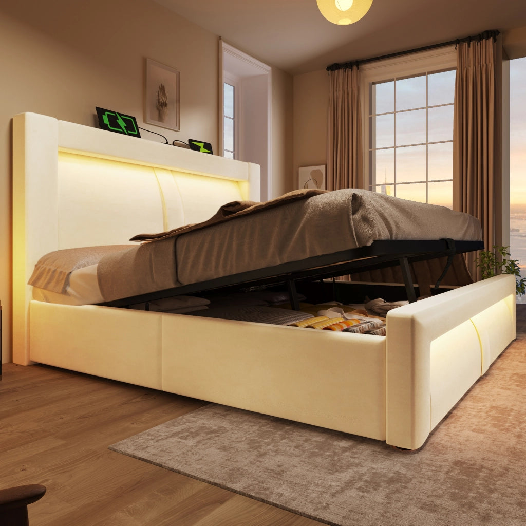 LETTO matrimoniale 180x200 cm con contenitore, LED, USB e Type-C, velluto beige