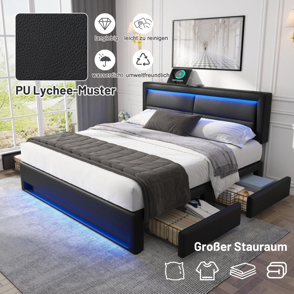 LETTO imbottito 140x200 cm PU nero con USB, LED e 4 cassetti