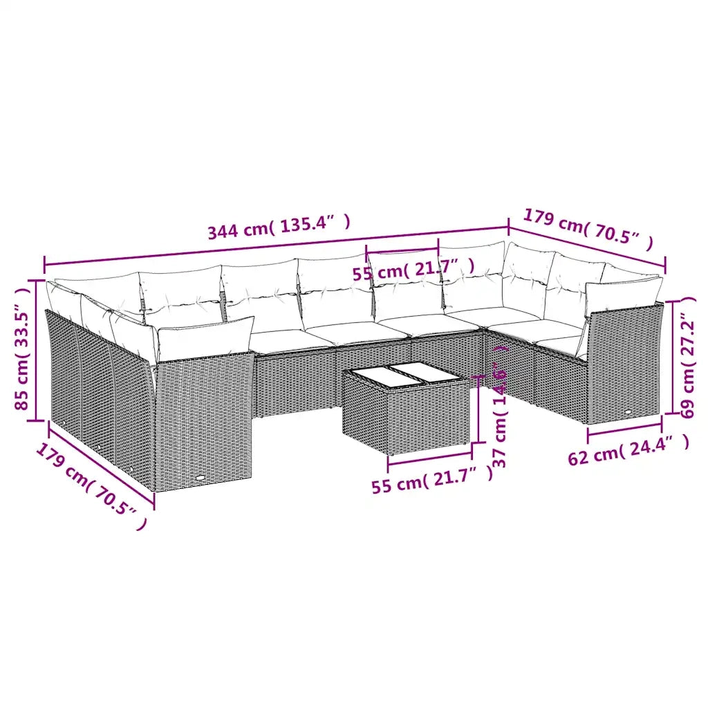 Set Divani da Giardino 11 pz con Cuscini Polyrattan Marrone 3250052