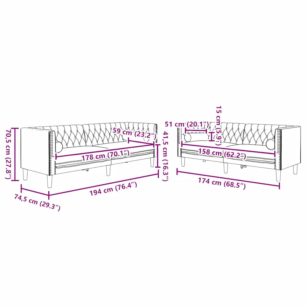 Divano per Soggiorno 2 pcs Nero 194 x 74,5 x 70,5 cm Velluto 3385866