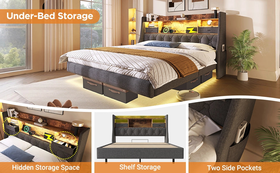 LETTO imbottito 140x190 cm con LED e USB in lino grigio con testiera contenitore