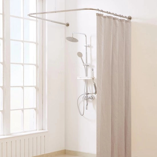 Maniglia per doccia a forma di U - Regolabile 60-132 cm - Molla di regolazione 78,7-119,4 cm - 12 ganci - Supporto per soffitto - Finestra borsettata in nichel - Maniglia per doccia