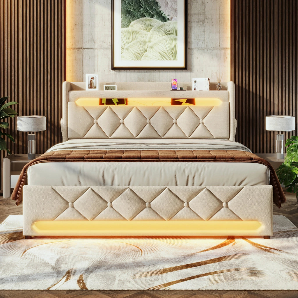 Letto Contenitore Imbottito Matrimoniale con LED e USB ¨C MINIMAL ¨C Beige 140x190