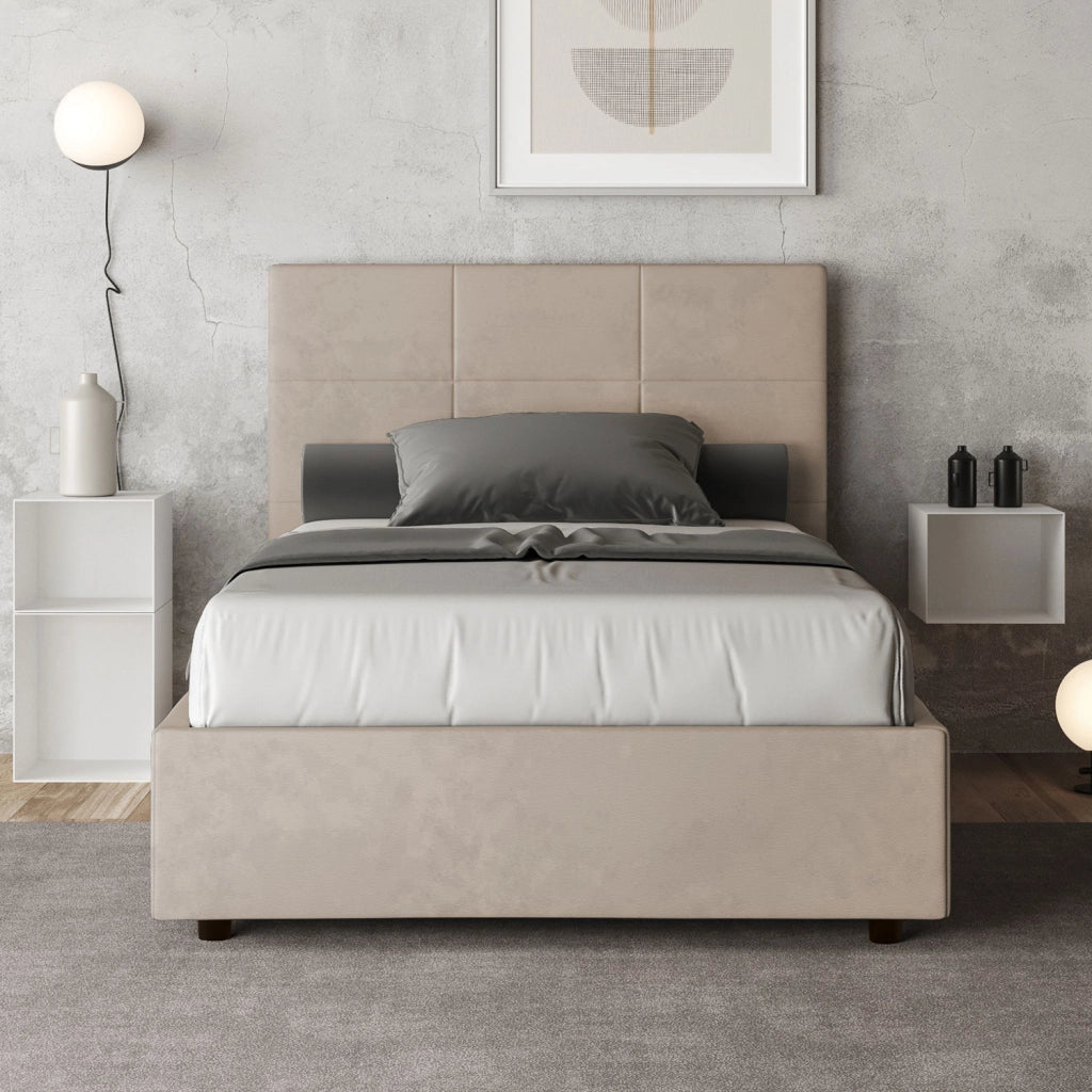 BS COM Letto una piazza e mezza con rete imbottito 120x210 microfibra sabbia