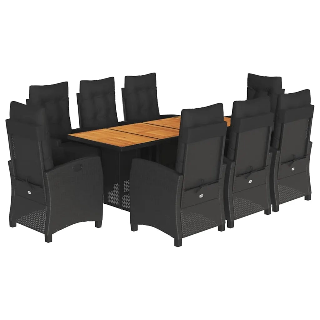 Set da Pranzo da Giardino 9 pz con Cuscini Nero in Polyrattan
