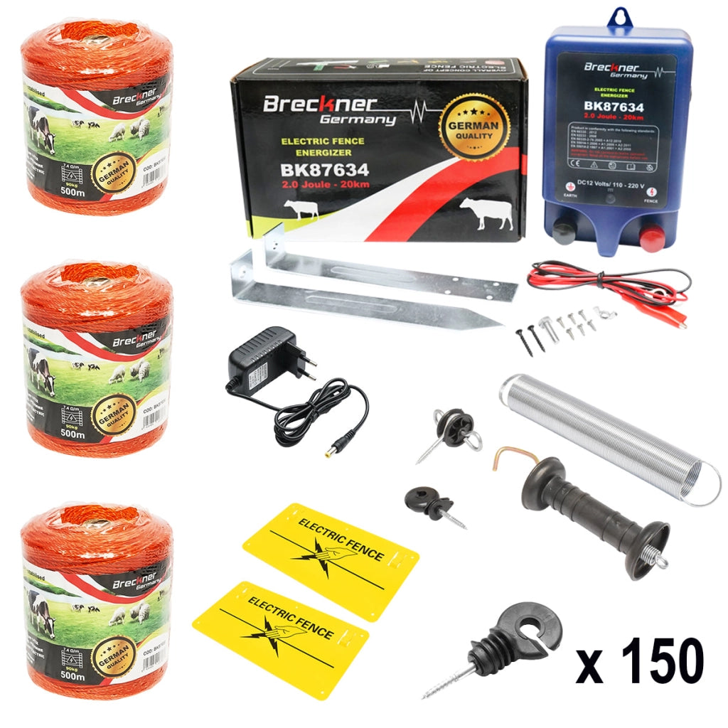 Kit completo per recinzione elettrica 12/220V, 2 Joule, lunghezza filo 1500m, 150 isolatori e targhe di segnalazione Breckner Germany