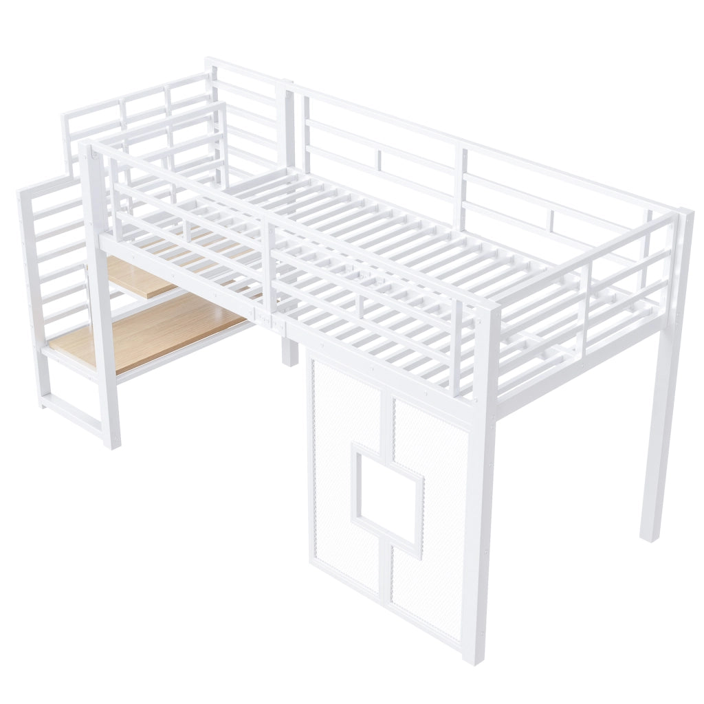 Letto a soppalco in metallo 90x200 cm con scala contenitore, LED e finestre, bianco