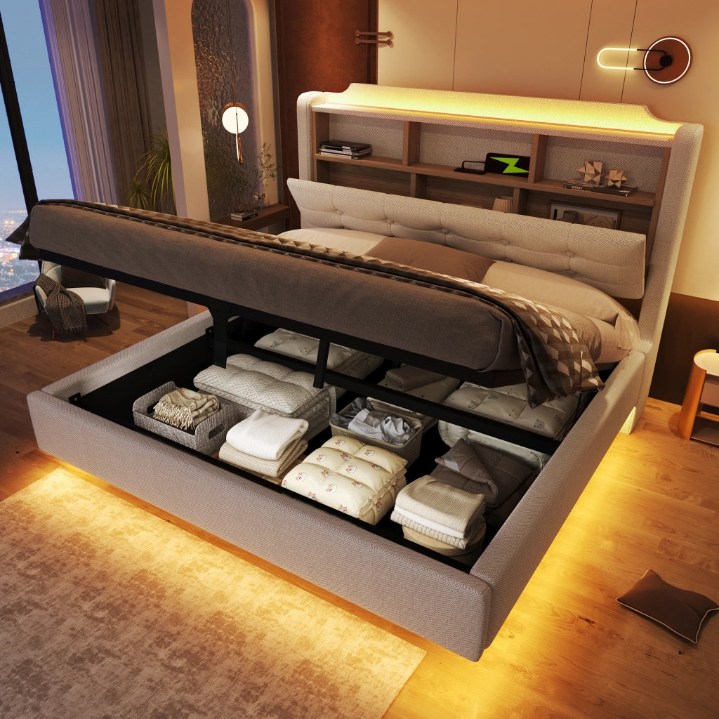 Letto imbottito 140x200 cm con LED, vano contenitore idraulico, USB e Type-C, beige