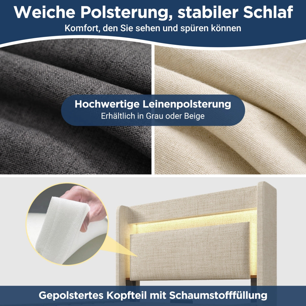 Letto imbottito 90x200 idraulico LED USB/Type-C lino beige