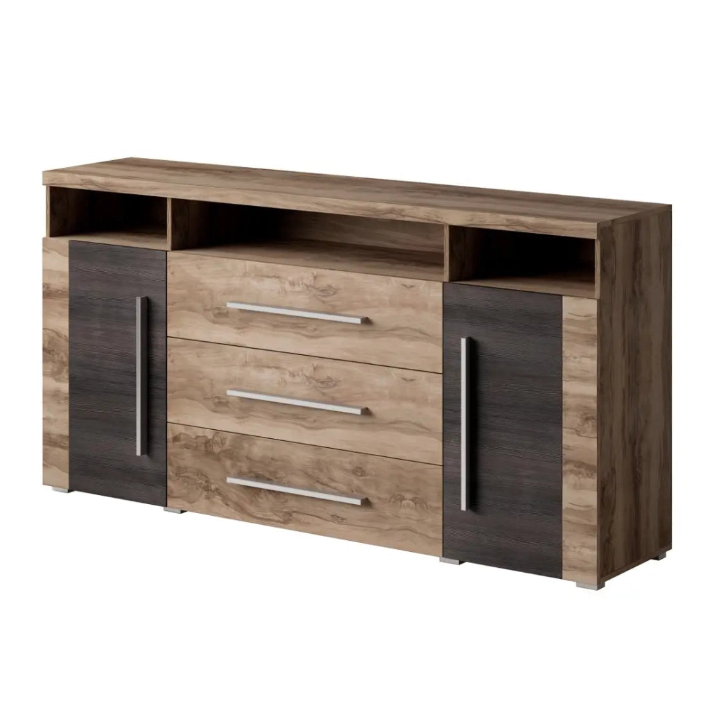 Buffet BRAZZA 2 porte 3 cassetti – Colore noce satinato – Nicchie aperte – 182 cm