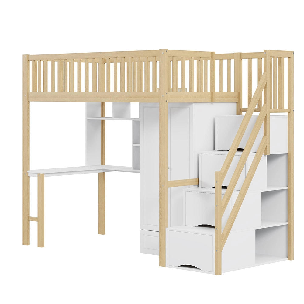 Letto a Soppalco Multifunzione – Xylo – 90x200cm, Legno Bianco, Grande Armadio, Scaffale, Tavolo, Scala, Ripostiglio