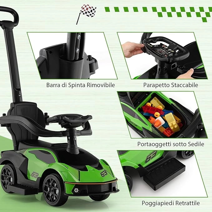 3 in 1 Lamborghini Auto a Spinta per Bambini, Macchina Cavalcabile con Impugnatura e Scatola di Stoccaggio, Ideale per Bambini 12-36 Mesi (Verde)