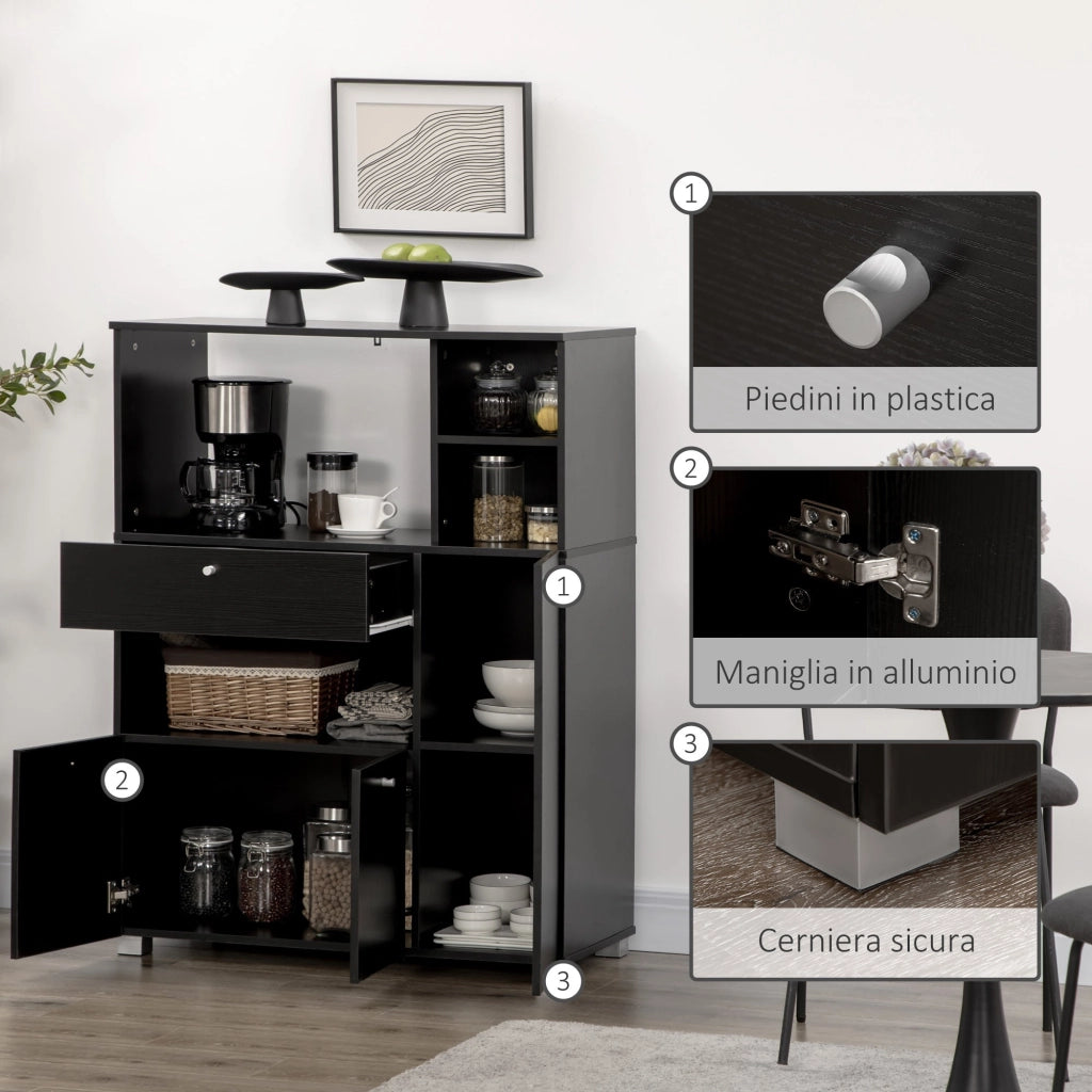 Credenza da Cucina 90x40x120 cm per Microonde con Armadietti Mensole e Cassetto in Legno Nero