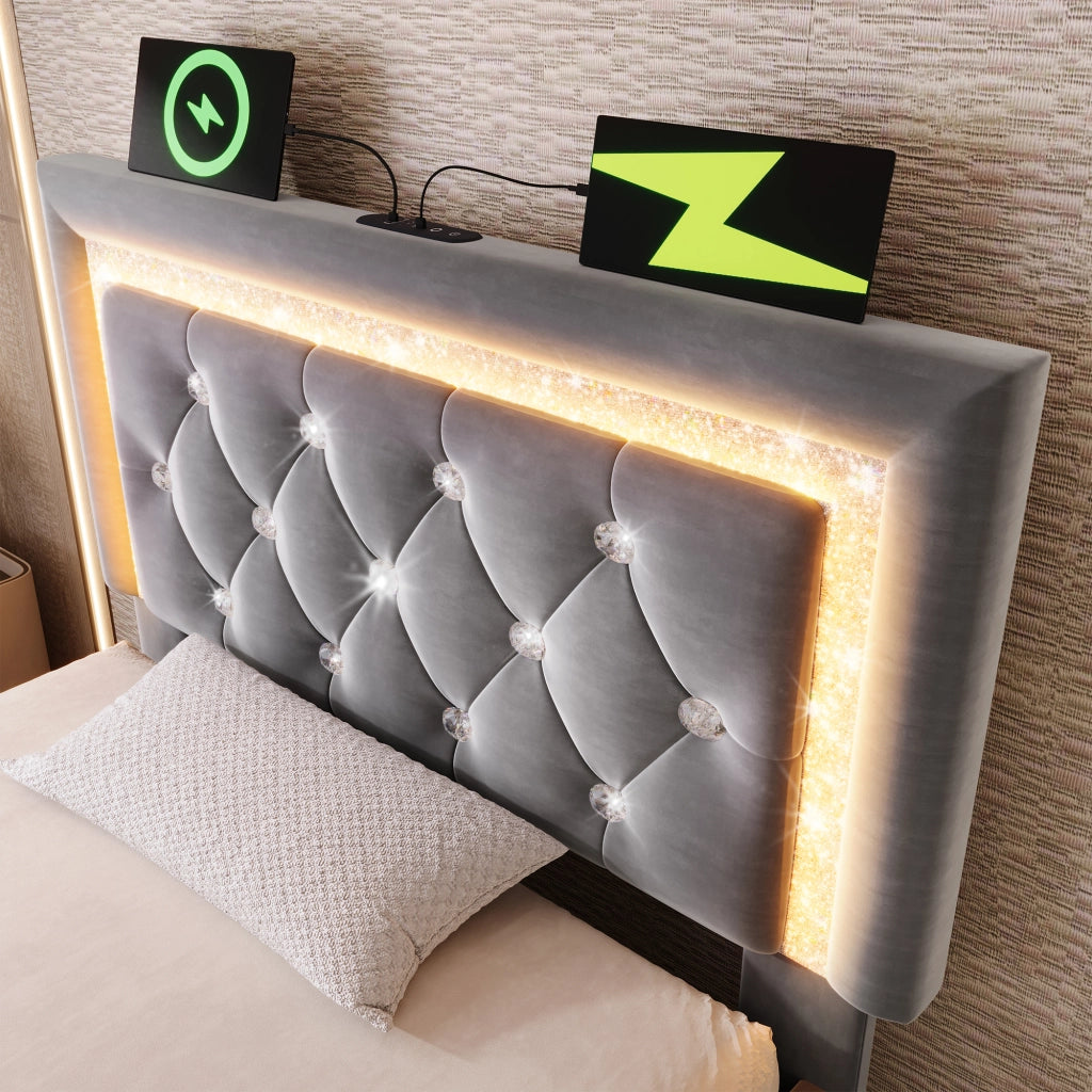 LETTO singolo 90x200 cm in velluto grigio con LED, USB e contenitore