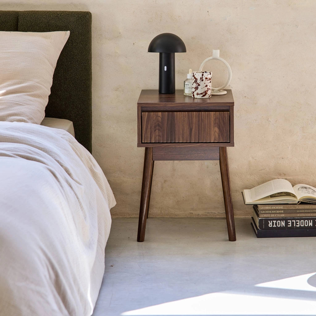 Comodino decorazione legno 1 cassetto, noce