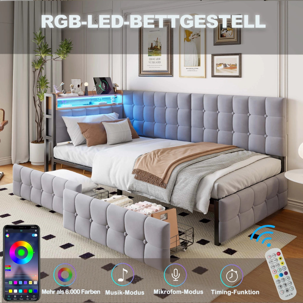 LETTO Contenitore 90x200 cm Grigio in tessuto con 2 cassetti, LED e USB-C
