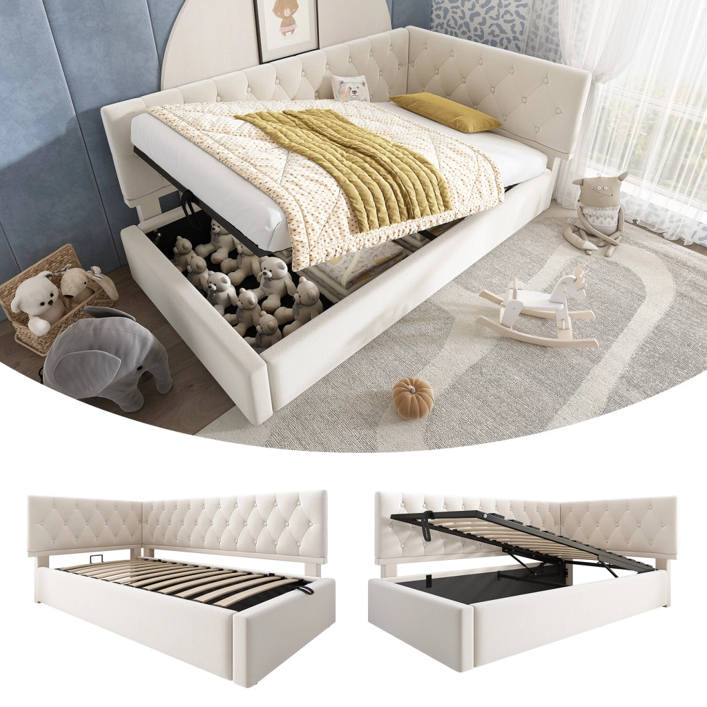 LETTO Divano 90x200 cm con contenitore idraulico in velluto beige
