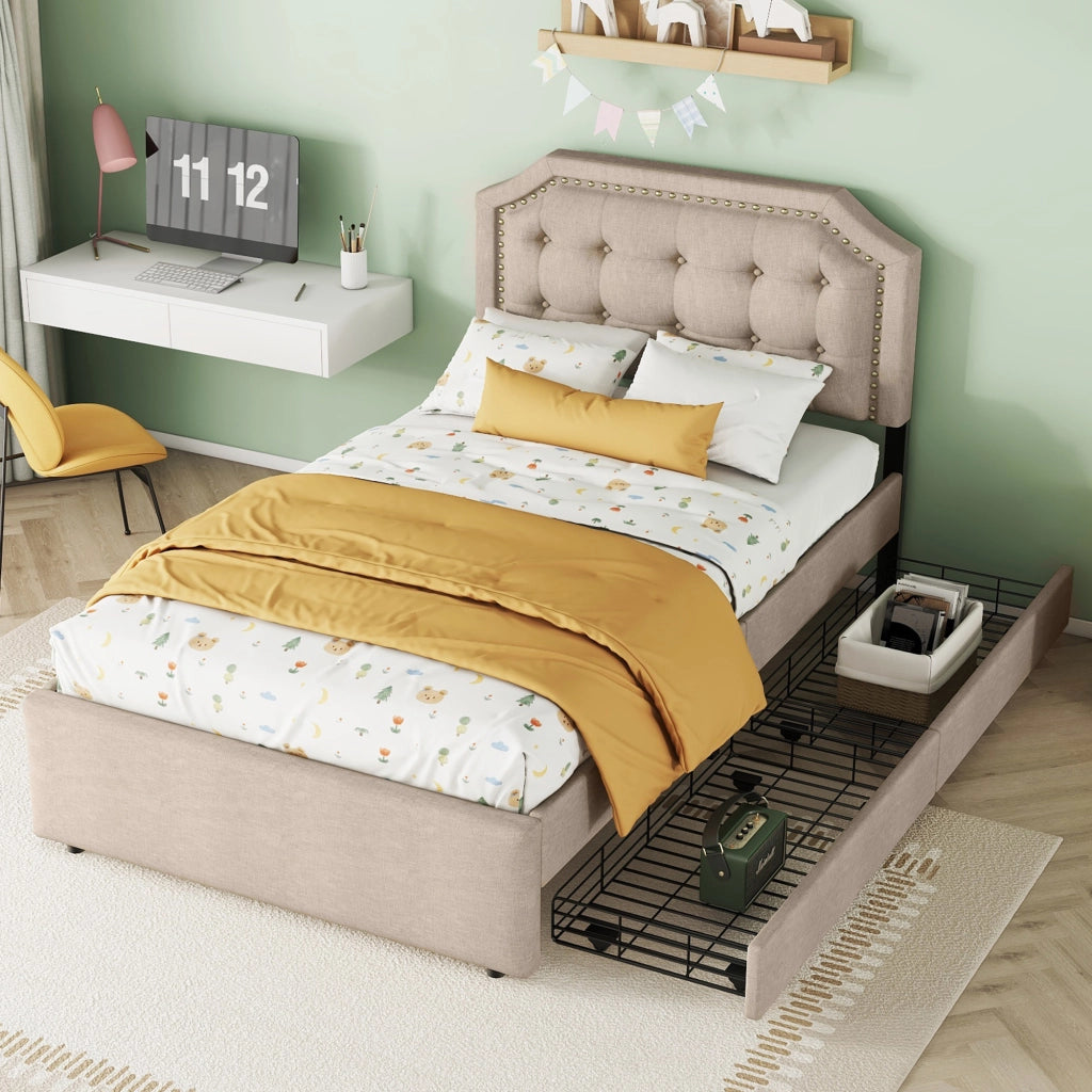 Letto singolo a profilo basso 90x200cm con montanti decorativi e cassetti doppi in beige scuro
