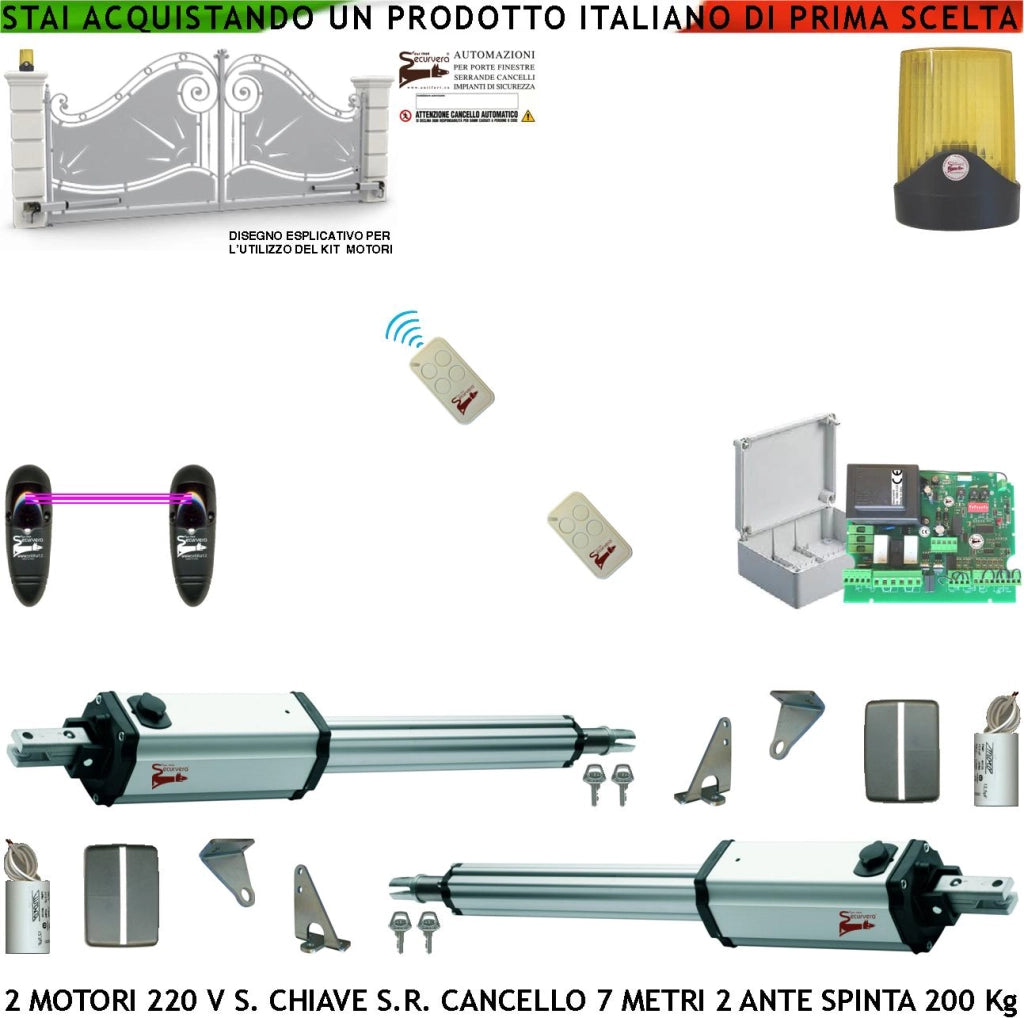 Cancello Elettrico da 7 Metri Kit Ricambio per Automatismo 2 Ante da 3,5 MT 2 Motori Elettromeccanici 230 V Stelo Retrattile Autobloccante Corsa 600 mm Spinta 250 Kg Centrale di Comando Con Radio