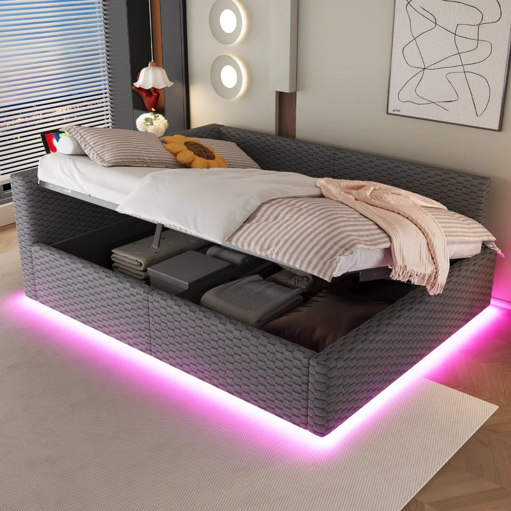 LETTO Contenitore 140x200 cm in velluto grigio con LED e porte USB