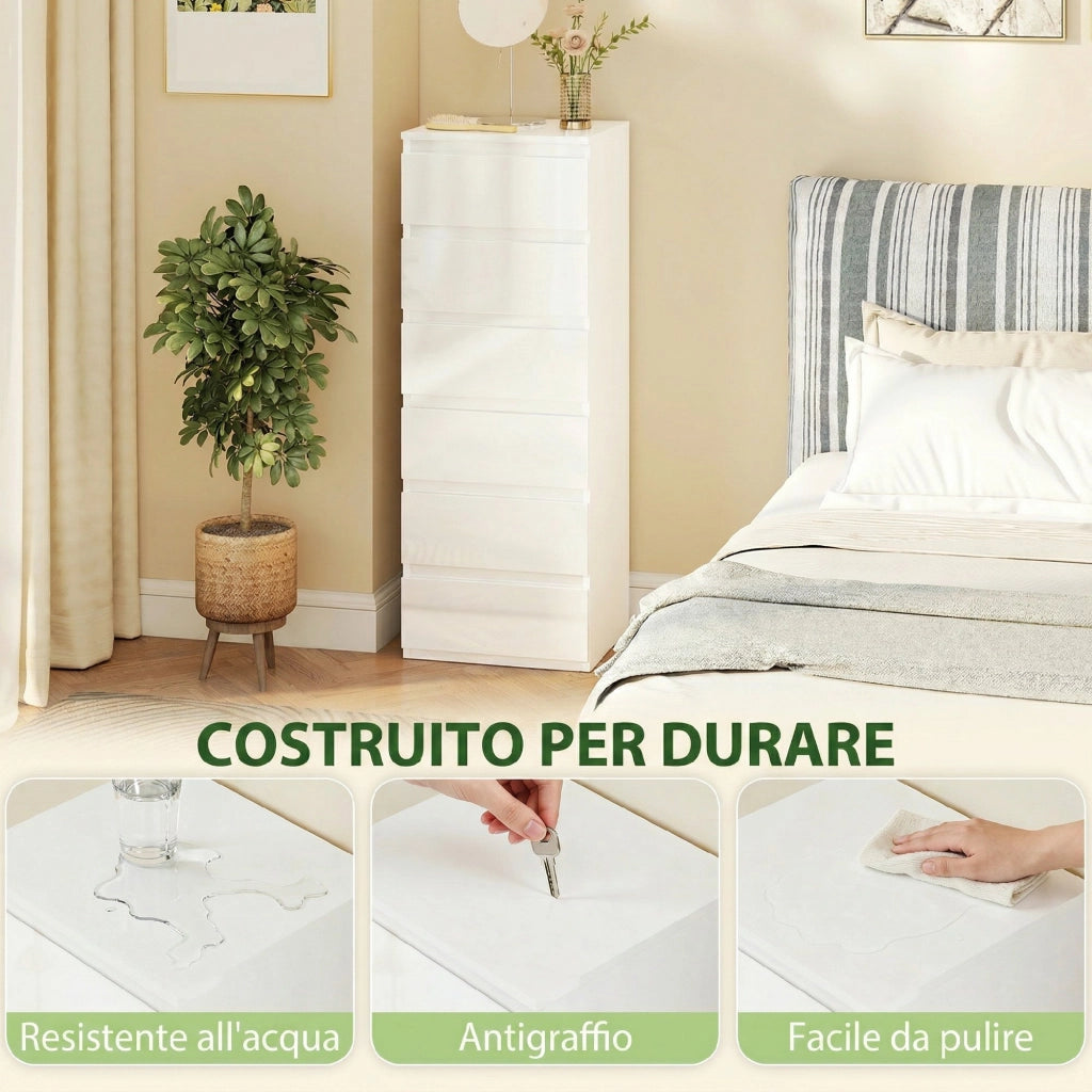 Com¨° Slim. 6 Cassetti Finitura Lucida. Camera da Letto. Bianco