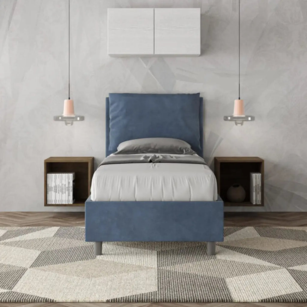 Letto singolo con rete imbottito 80x190 microfibra blu Antea