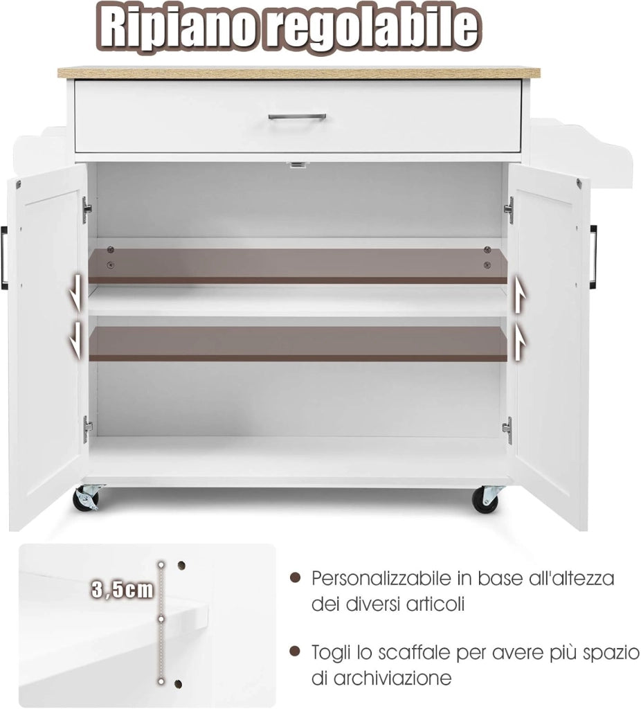 Carrello da Cucina con Ruote di Gomma, Scaffale per Microonde Carrello Servizio, Mobile Cucina con Ripiani e Ante, Credenza Cucina Legno Moderno Elegante, 116 x 37 x 85 cm (Bianco)