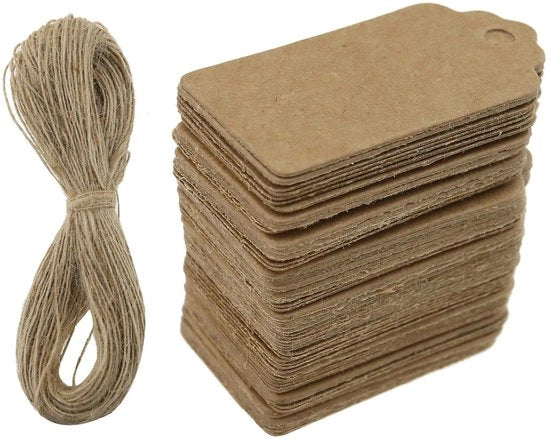 Etichette per prezzo 100 pezzi - Etichette per regalo in cartone - Carta kraft - Corda di juta 20m - Etichette di appendiabito 40x20mm - Sostenibili e resistenti allo shock