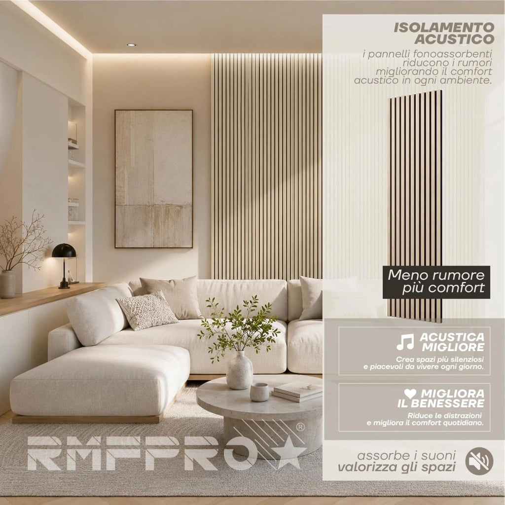 RMF PRO Set 4 Pannelli Decorativi Fonoassorbenti in Legno Rovere Chiaro 240x60 cm (5,76 m²) – Rivestimento Acustico Parete a Listelli MDF per Soggiorno, Ufficio e Camera