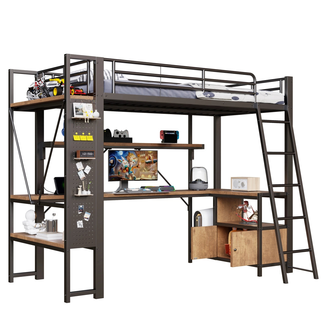 Letto a soppalco con scrivania e LED - Zephmum - 90x200 cm - Nero - USB, scaffali