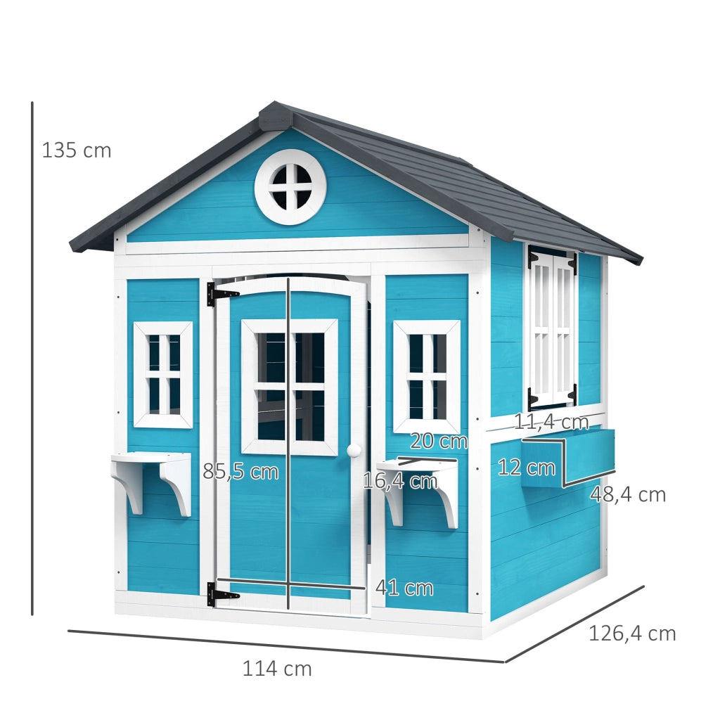 Casetta per bambini in legno ¨C Minimal ¨C Blu, con finestre e vasi