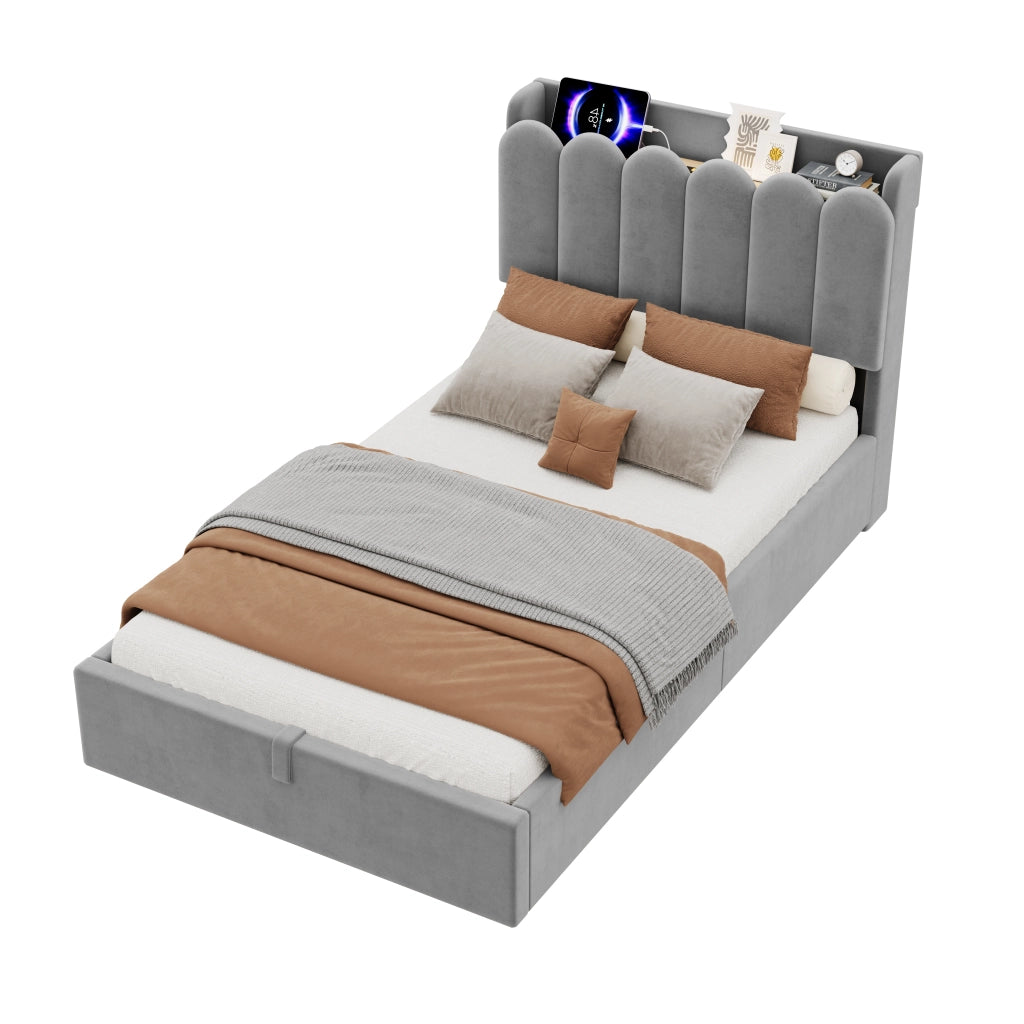 Letto singolo imbottito per bambini 90x200 cm con contenitore, doghe incluse, USB/Type-C e luce, velluto grigio