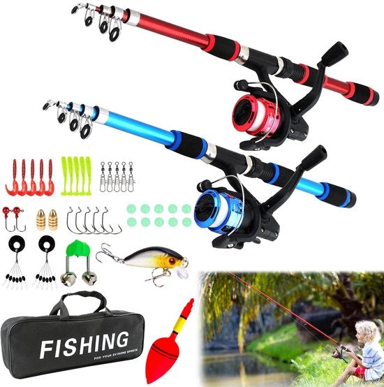 Impianto da pesca portatile per bambini - Asta telescopica 180 cm - Attrezzatura da pesca portatile - Molino a spinne con filo da pesca - Borsa - Design colorato - Attrezzatura da pesca per bambini