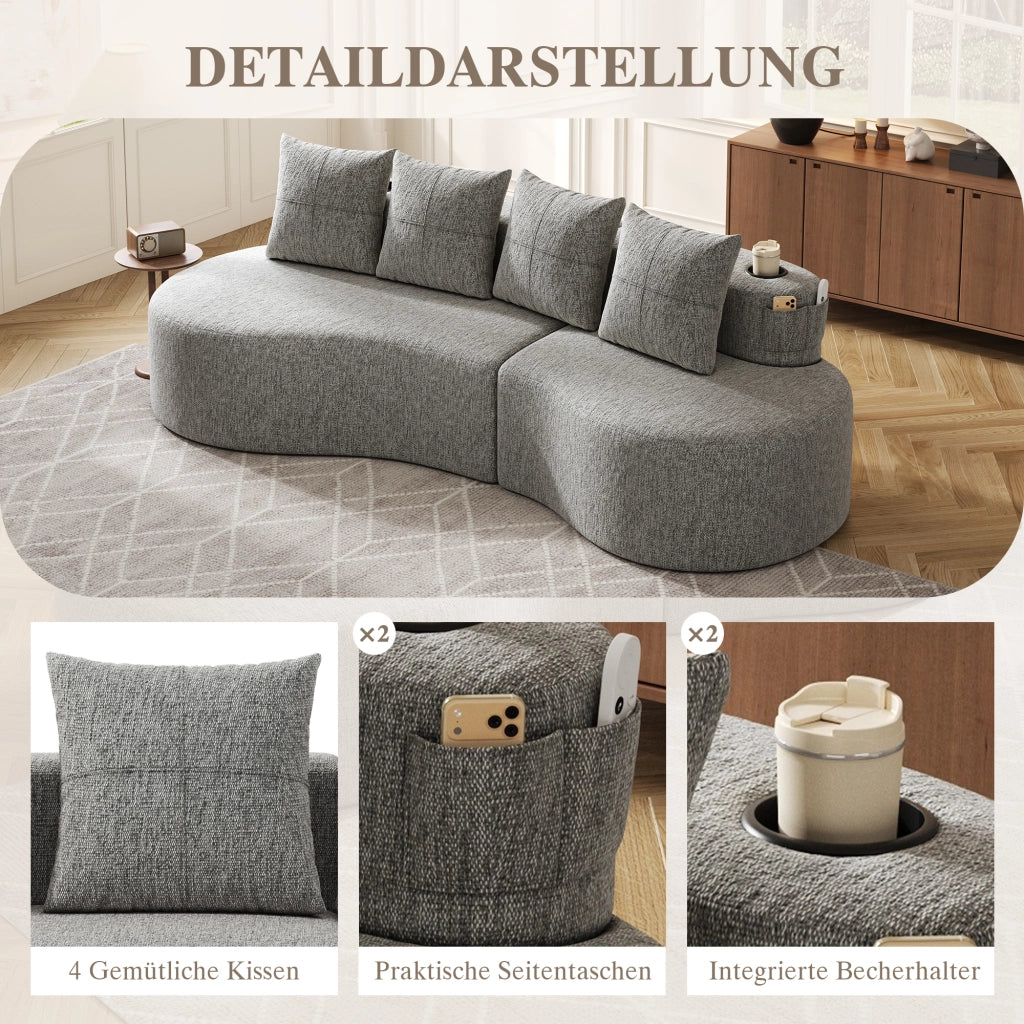 DIVANO 240x109x60 cm in lino grigio chiaro con 4 cuscini