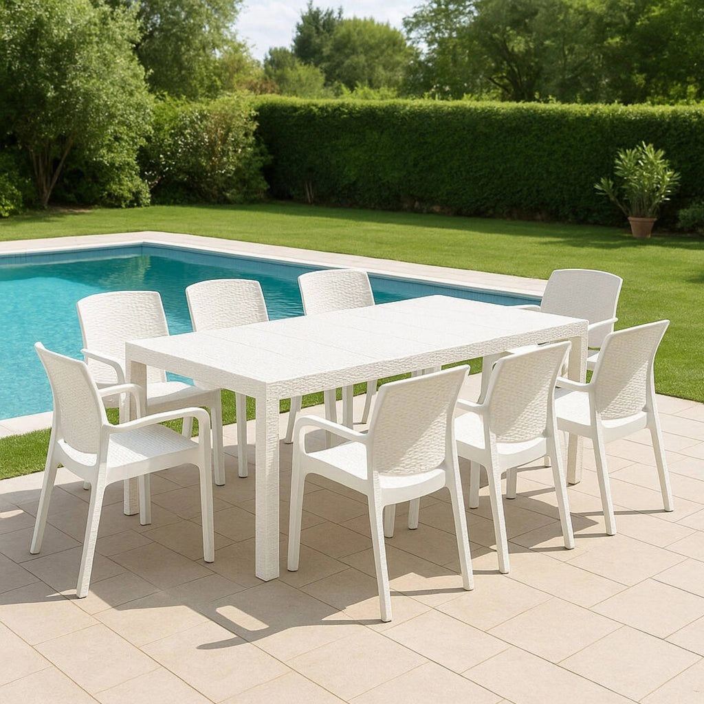 Set salotto da esterno Arret, Salottino outdoor, Tavolo rettangolare allungabile con 8 sedie con braccioli, Made in Italy, Bianco