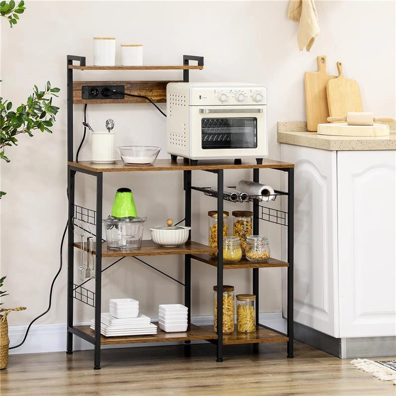SCAFFALE CUCINA MULTIPRESA PER MICROONDE CON RIPIANI E CESTINO A RETE, 90X42X130CM, MARRONE