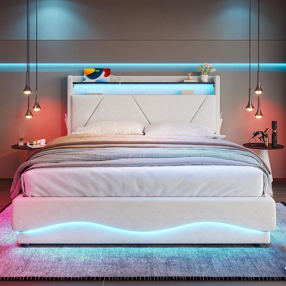 Letto 140x200cm imbottito - Xylo - LED USB tasche laterali idraulico