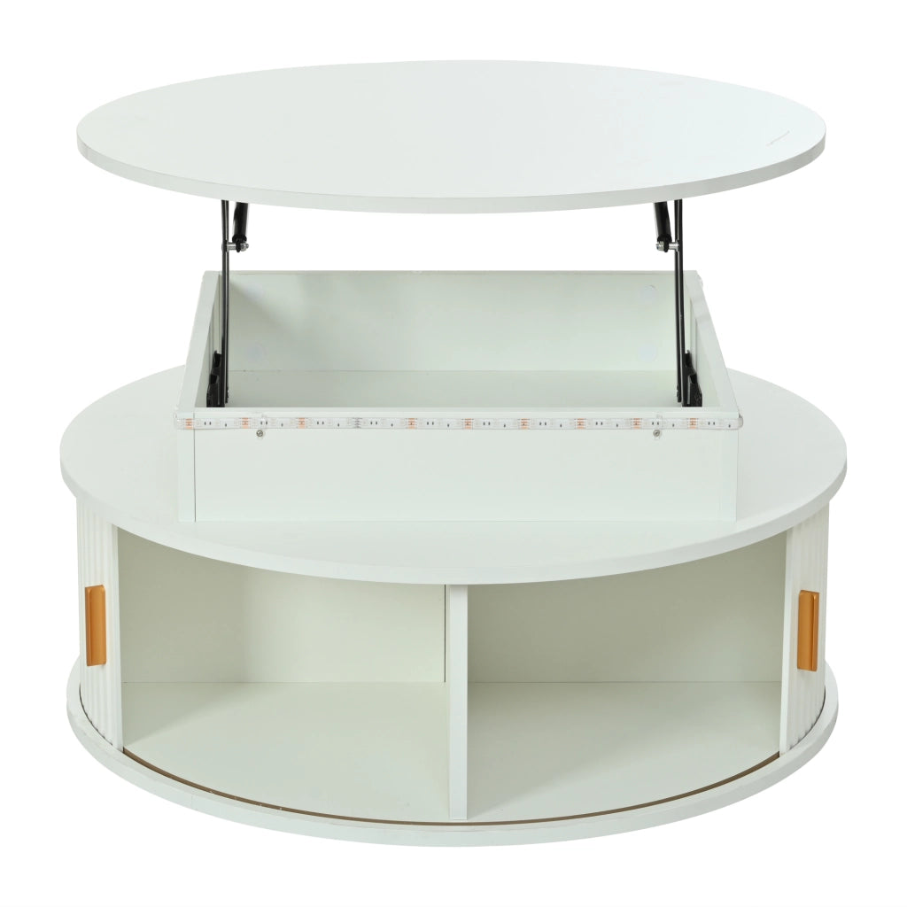 Tavolino da caffè rotondo bianco 75 cm regolabile in altezza con LED e vano contenitore